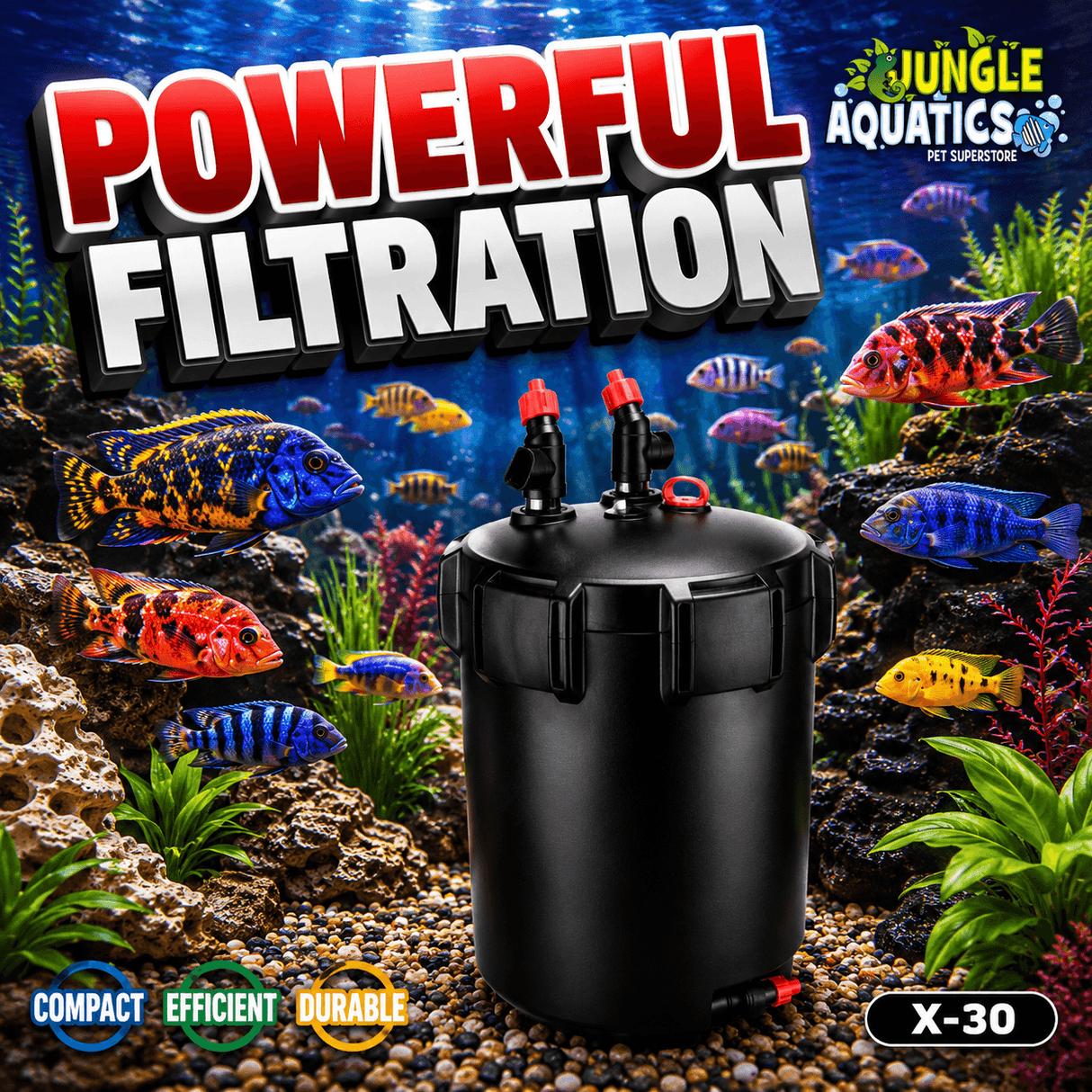 HaiYang X-30 UV Canister Filter for powerful filtration in aquariums with vibrant fish and clear water.