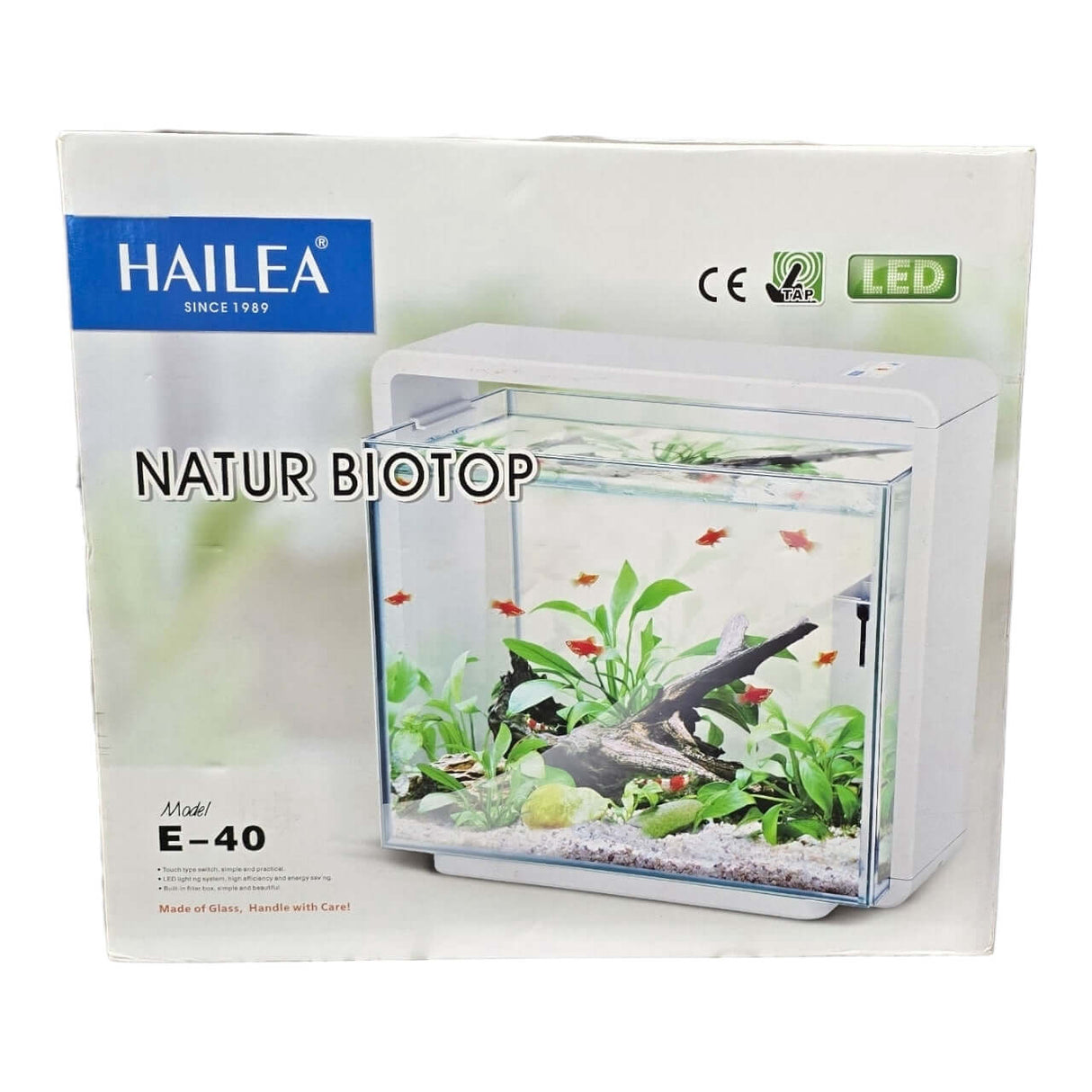 Hailea E Series Aquariums E-40 model with LED lighting, showcasing a beautifully designed biotope.