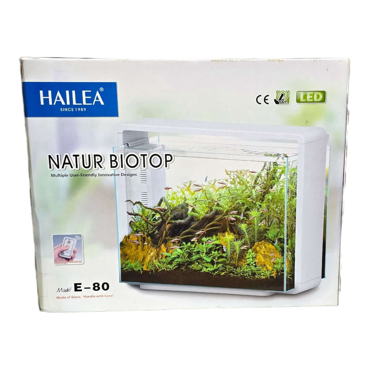 Hailea E Series Aquariums E-80 model in a stylish packaging showcasing an aquascape design with LED lighting.