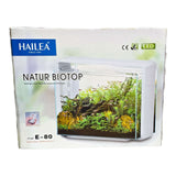 Hailea E Series Aquariums E-80 model in a stylish packaging showcasing an aquascape design with LED lighting.
