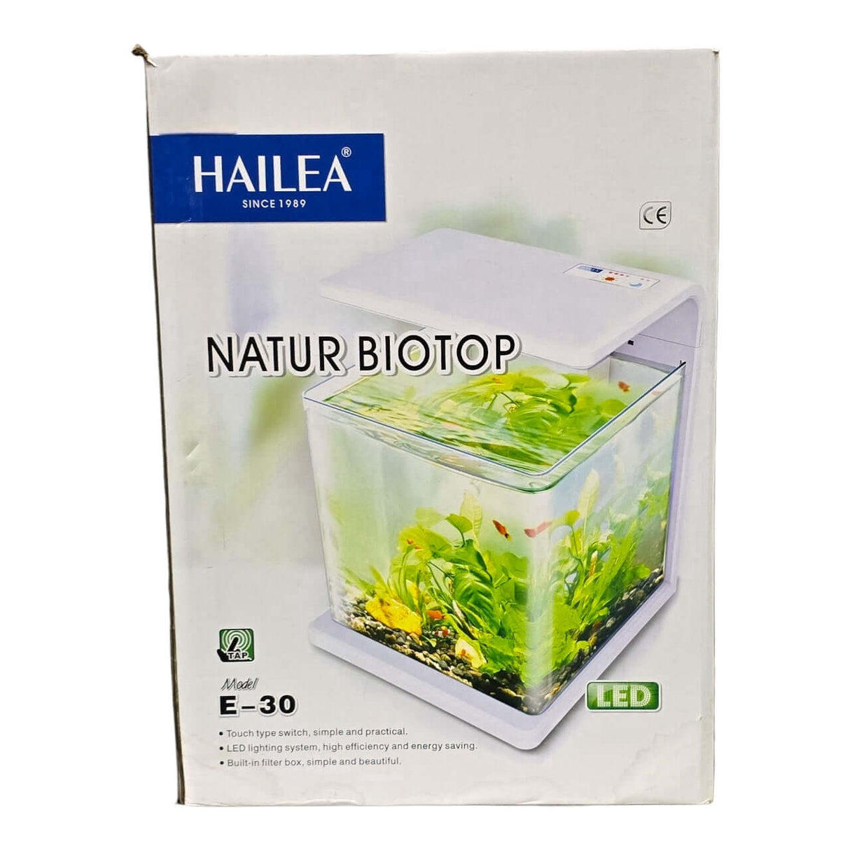 Hailea E Series Aquariums packaging featuring LED lighting and a beautifully designed biotope aquarium.