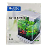 Hailea E Series Aquariums packaging showcasing E-15 model with LED lighting and aquatic plants.
