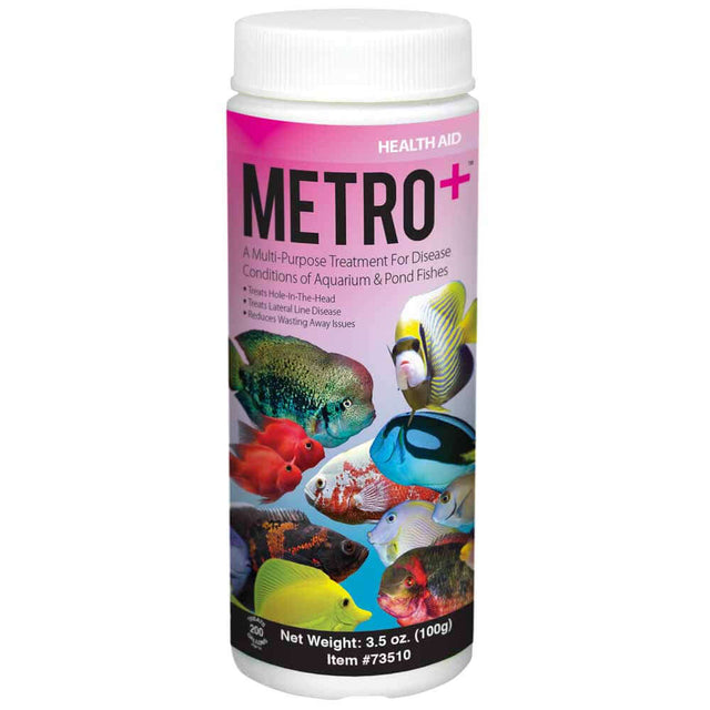 Hikari Metro Plus powdered formula for treating lateral line and hole-in-the-head diseases in fishes.