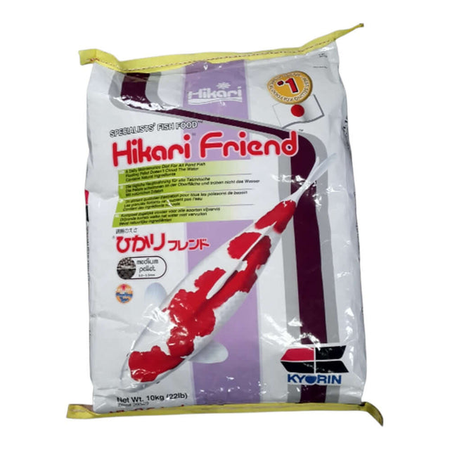 Hikari Friend Koi Food 10kg bag featuring floating pellets for healthy pond fish feeding and nutrition.