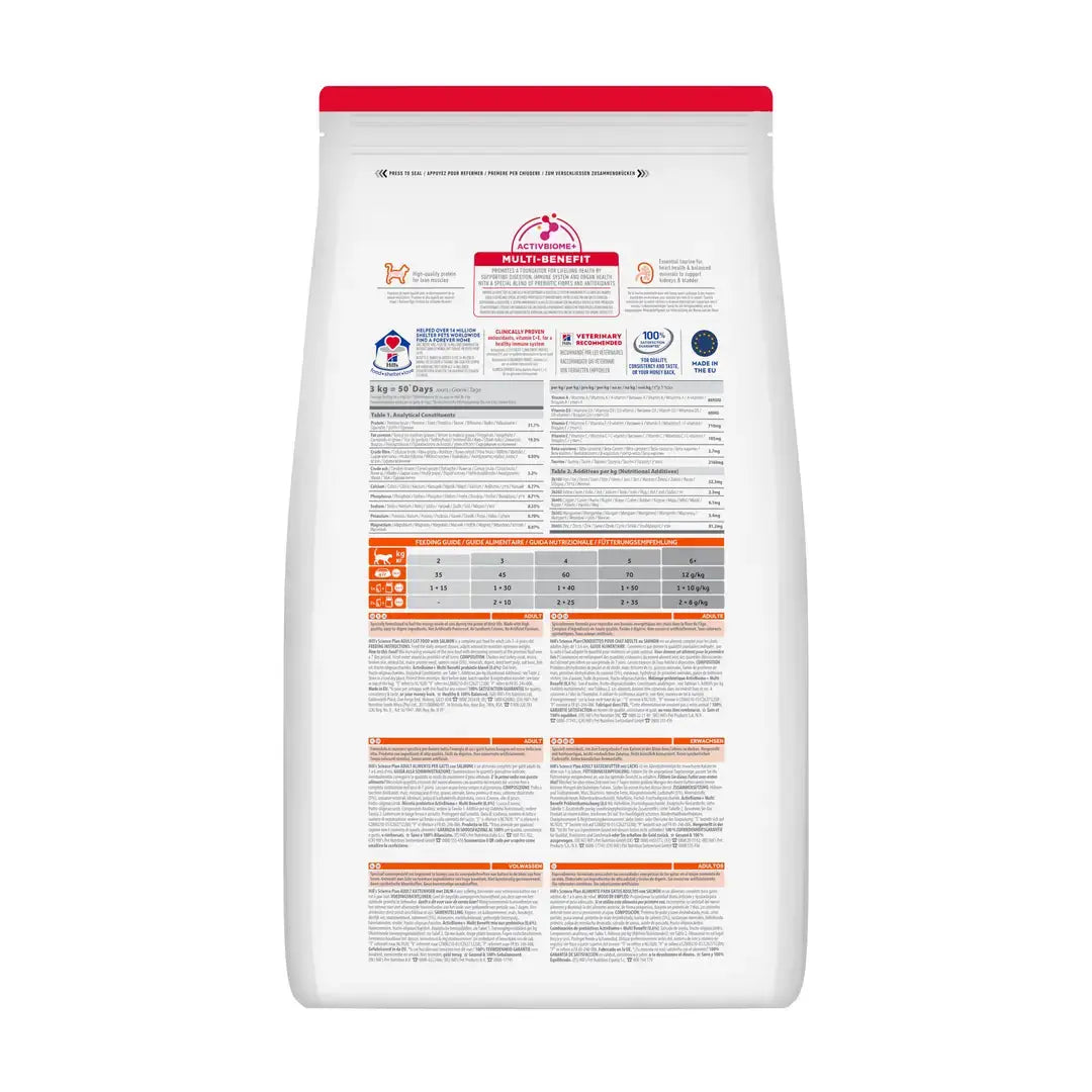 Hills Science Plan Adult Cat Food Salmon Flavour 3kg bag with nutritional information and feeding guidelines.