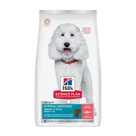 Hills Science Plan Hypoallergenic Adult Medium with Salmon Dry Dog Food bag featuring a white dog.