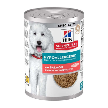 Hills Science Plan Hypoallergenic Adult with Salmon Wet Dog Food 363g can with dog image