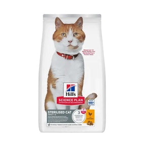 Hills Science Plan Adult Sterilised Cat Food Chicken Flavour 3kg bag with a sterilised cat featured on the packaging.