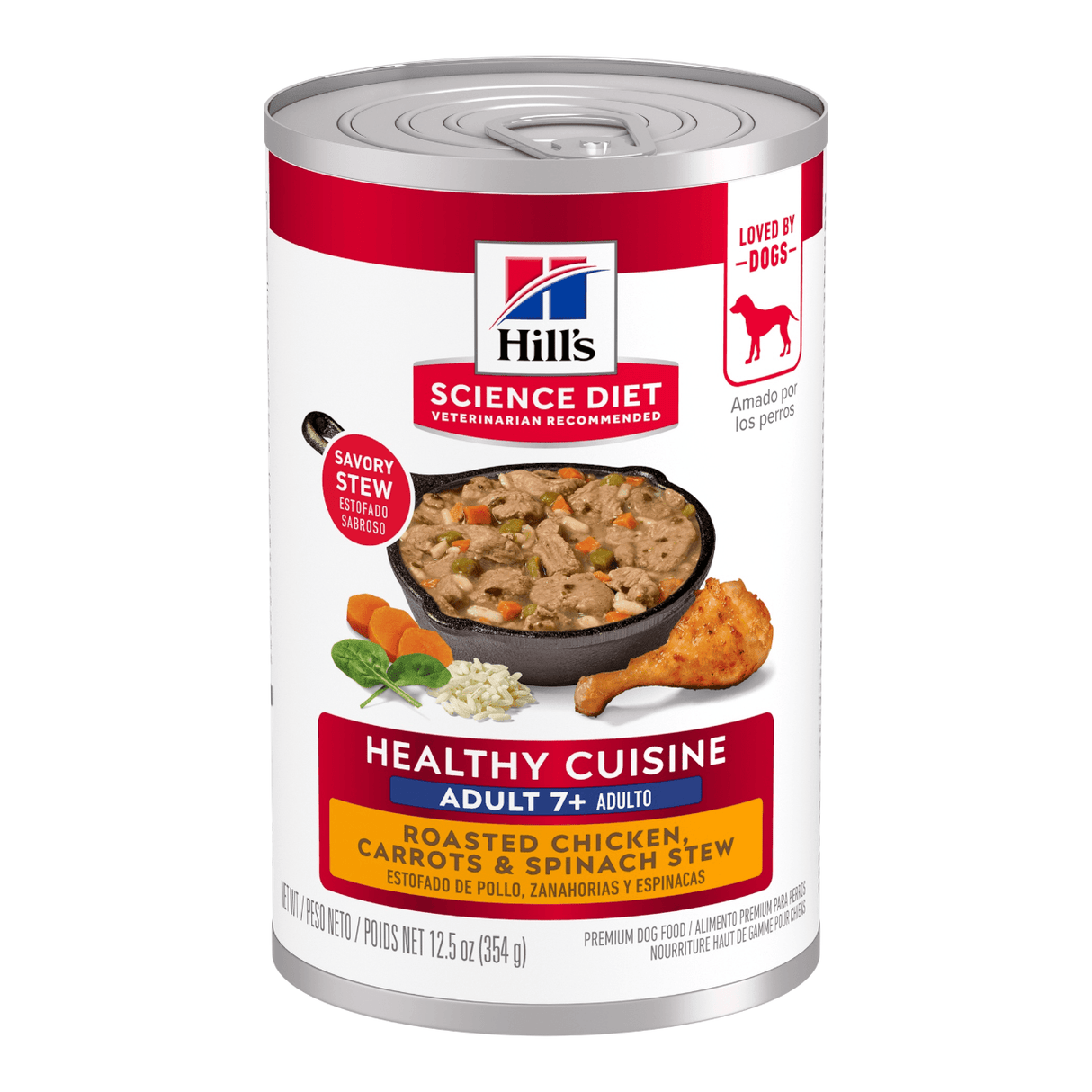 Hills Science Plan Mature 7+ Chicken and Carrot Stew 354g can featuring nutritious chicken and vegetables for dogs.