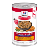 Hills Science Plan Mature 7+ Chicken and Carrot Stew 354g can featuring nutritious chicken and vegetables for dogs.