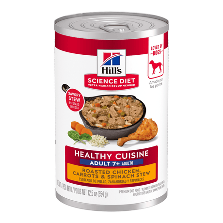 Hills Science Plan Mature 7+ Chicken and Carrot Stew 354g can featuring nutritious chicken and vegetables for dogs.