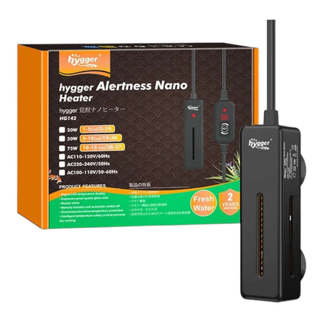 Hygger Nano Aquarium Heater 20W HG142-20W with temperature control, smart safety alerts, for nano aquariums and shrimp habitats.