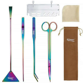 Hygger Stainless Steel Aqua Scaping Tool Set with colorful stainless steel tools in a storage pouch.