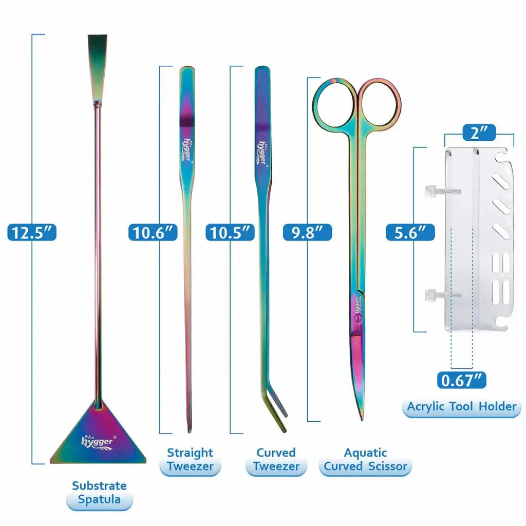Hygger Stainless Steel Aqua Scaping Tool Set includes substrate spatula, tweezers, scissors, and acrylic tool holder.