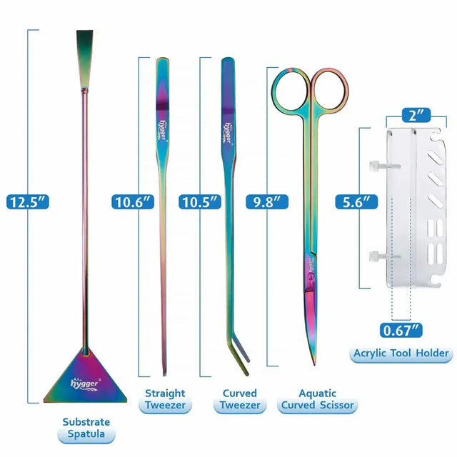 Hygger Stainless Steel Aqua Scaping Tool Set includes substrate spatula, tweezers, scissors, and acrylic tool holder.