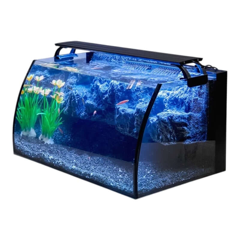 Hygger Curved Aquarium Kit showcasing a unique 3D background design with vibrant plants and decorative rocks.