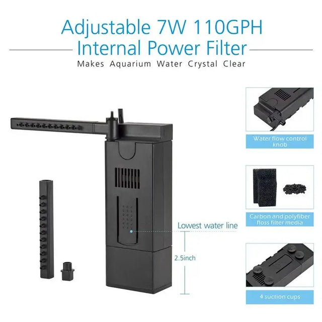 Hygger Curved Aquarium Kit Adjustable 7W 110GPH Internal Power Filter for clear aquarium water