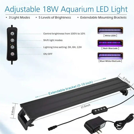 Hygger Curved Aquarium Kit featuring an adjustable 18W LED light with 3 modes and extendable mounting brackets.
