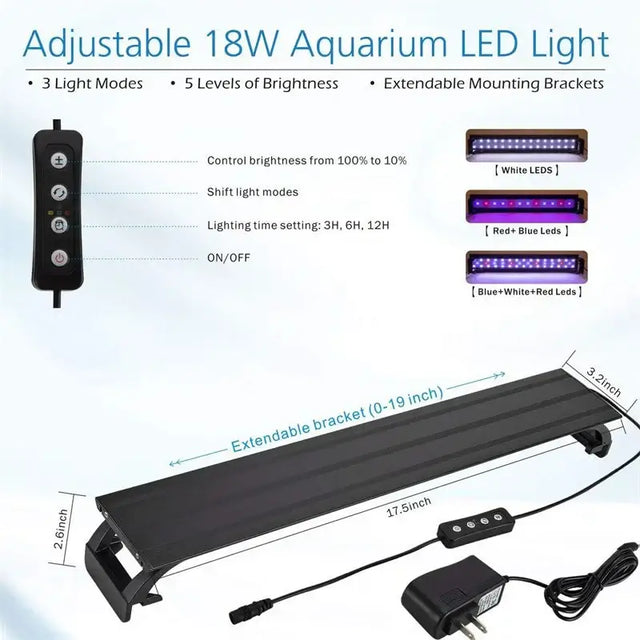 Hygger Curved Aquarium Kit featuring an adjustable 18W LED light with 3 modes and extendable mounting brackets.