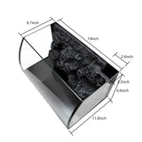 Hygger Curved Aquarium Kit showing 3D background design and dimensions of 19x11.8x8.7 inches.