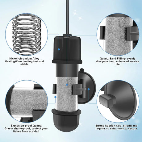 Hygger Mini Portable Aquarium Heater features, including quartz sand filling and explosion-proof design.