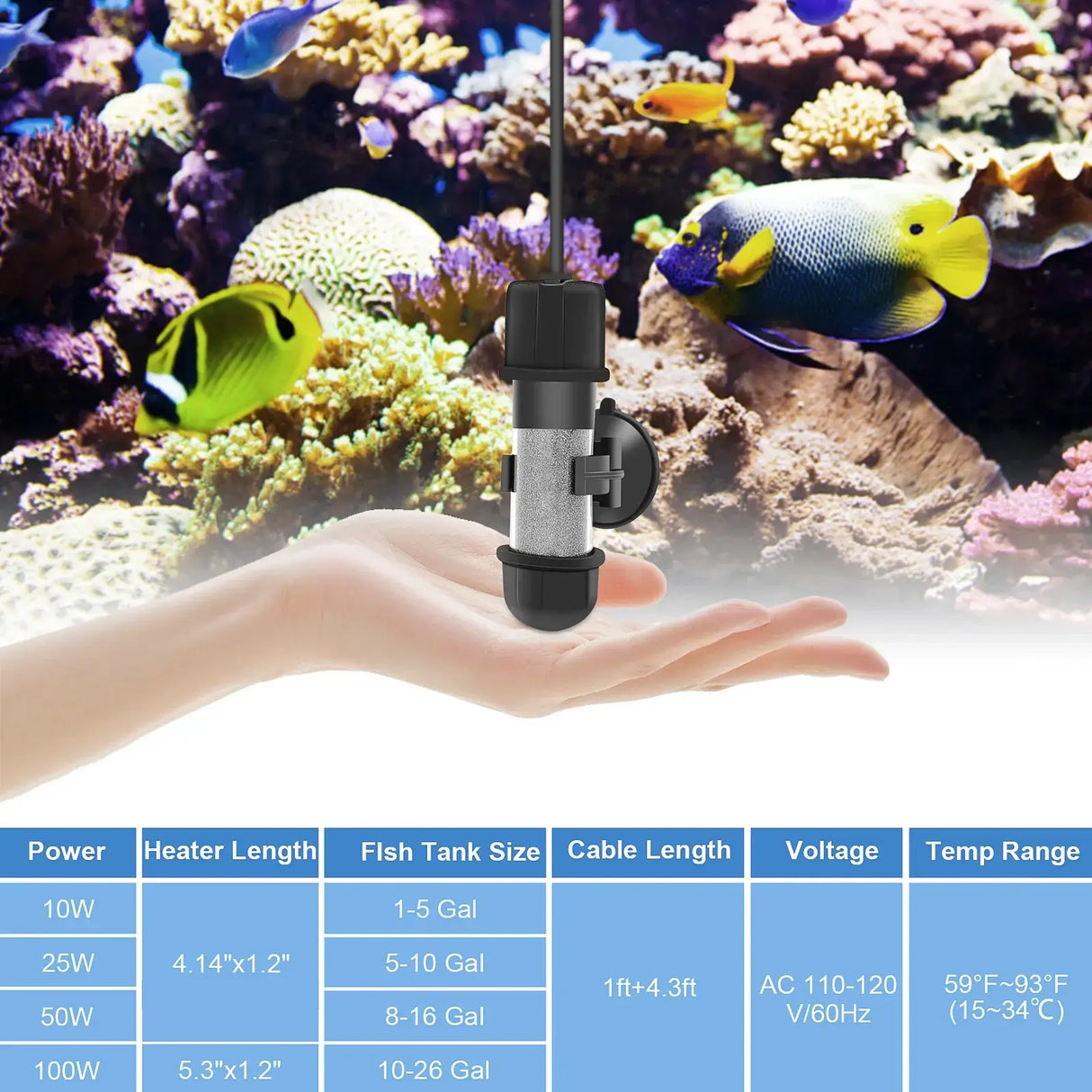 Hygger Mini Portable Aquarium Heater shown in hand with coral reef and colorful fish in background, ideal for small tanks.