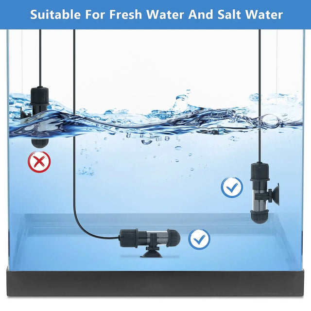 Hygger Mini Portable Aquarium Heater showing compatibility for fresh and saltwater aquariums.