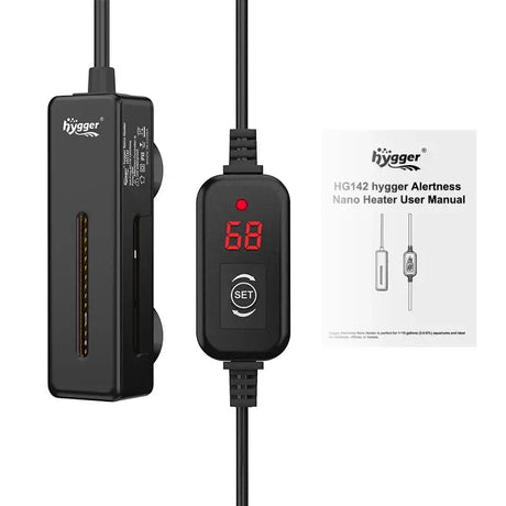Hygger Nano Aquarium Heater 20W with digital display and user manual for precise temperature control.