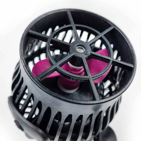 Jebao MOW Series Wifi LCD Wave Makers close-up view of the pump with pink propeller and black casing.