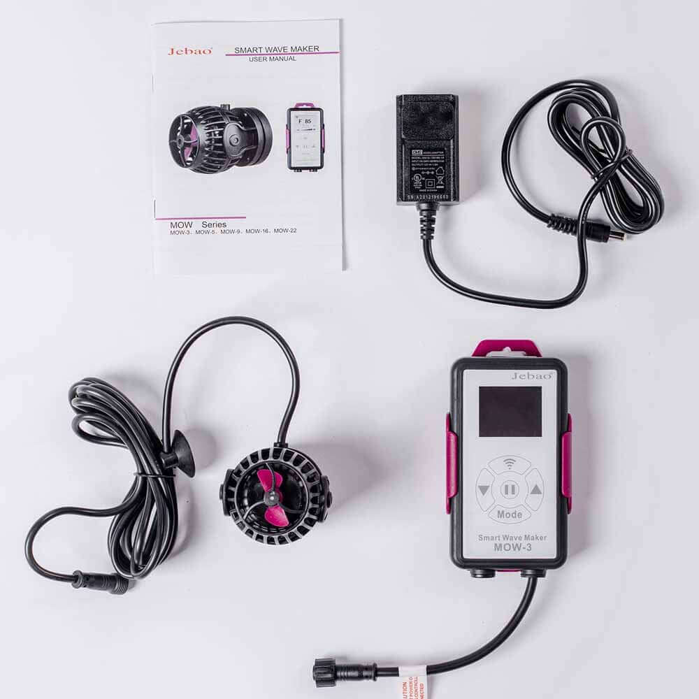 Jebao MOW Series Wifi LCD Wave Makers components, including pump, controller, power supply, and manual.