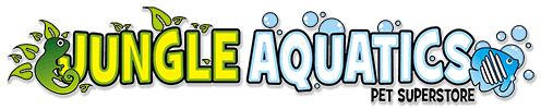 Colorful logo of Jungle Aquatics Pet Superstore featuring aquatic creatures and vibrant water elements.