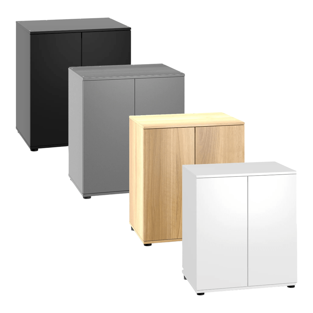 Various cabinets from the Juwel Lido Series in black, grey, wood, and white finishes.