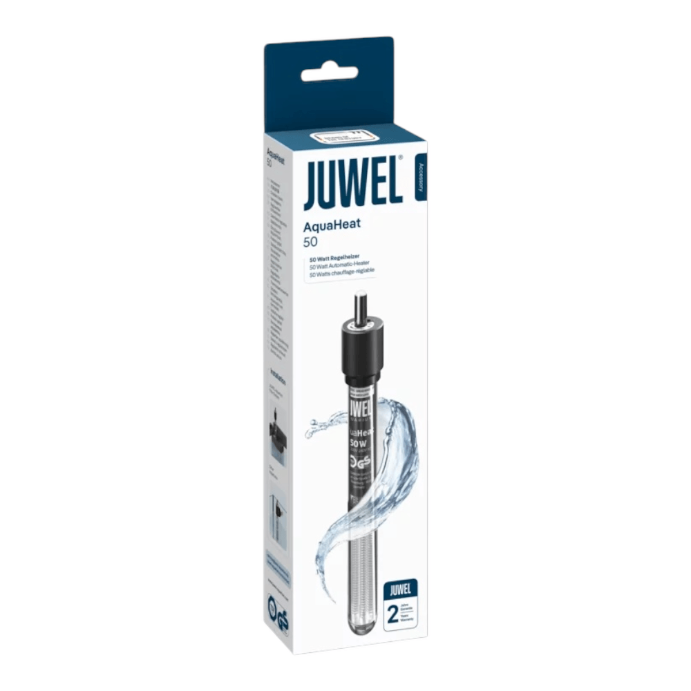 Juwel Vio Cube 54 Series heater product image with AquaHeat 50 packaging and features outlined.