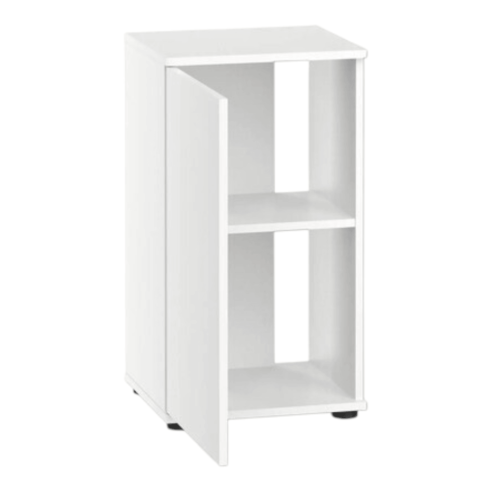 Juwel Vio Cube 54 Series compact white cabinet with two open shelves and a door for stylish storage.