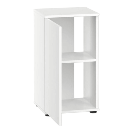 Juwel Vio Cube 54 Series compact white cabinet with two open shelves and a door for stylish storage.