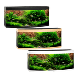 Juwel Vision Series aquariums in black, brown, and white showcasing vibrant aquatic plants and fish.