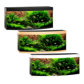 Juwel Vision Series aquariums in black, brown, and white showcasing vibrant aquatic plants and fish.