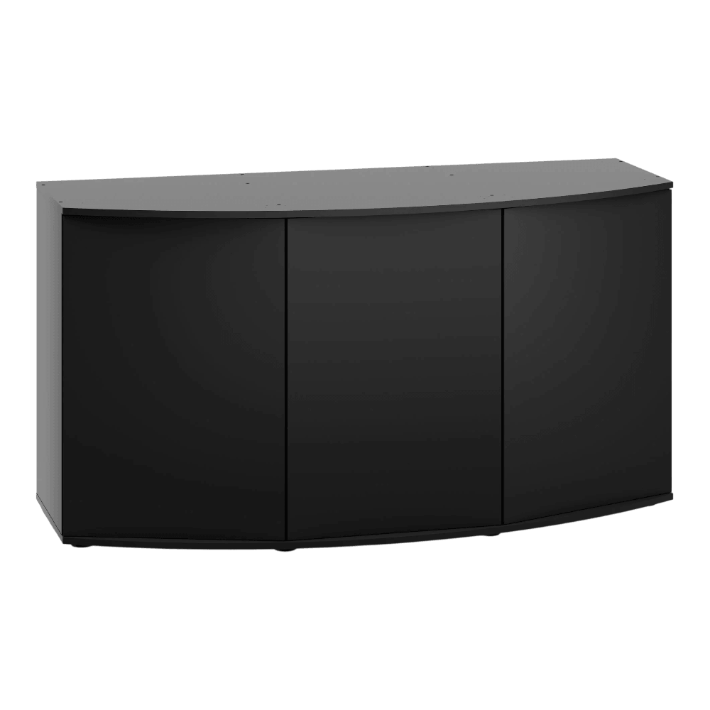 Juwel Vision Series black aquarium cabinet with curved design, featuring three doors for storage.