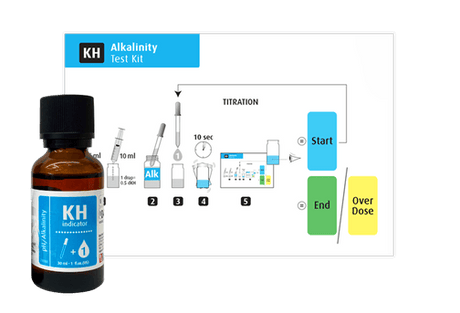 Red Sea MCP pH Alkalinity Test Kit with KH indicator bottle and titration instructions for accurate water testing.