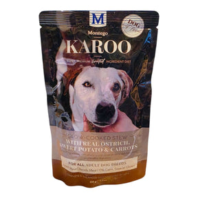 Karoo Slow Cooked Stew Wet Dog Food 150g with real ostrich, sweet potato & carrots in a packaging.