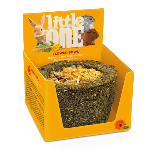 Little One Flower Bowl Treat 120g designed for rodents and rabbits, featuring dried meadow grass and marigold flowers.