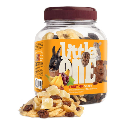 Little One Fruit Mix Snack 200g jar featuring dried fruits like banana and pineapple for small pets.