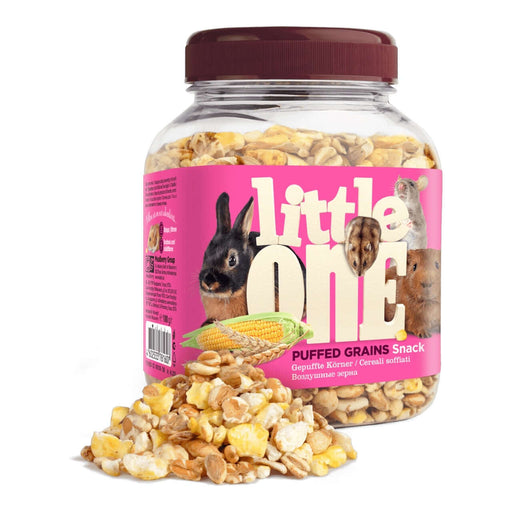 Little One Puffed Grains 100g jar filled with a mix of crunchy puffed grains, perfect treat for small pets.