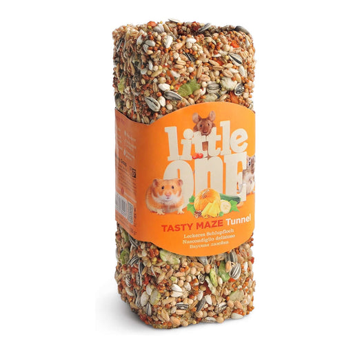 Little One Tasty Maze Tunnel Treat for hamsters, rats, and mice, featuring edible grains and dried fruits.