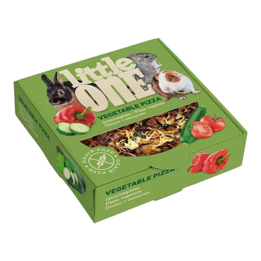 Little One Vegetable Pizza 55g packaging for decorative pets, grain-free, healthy herbivore snack with meadow grasses.