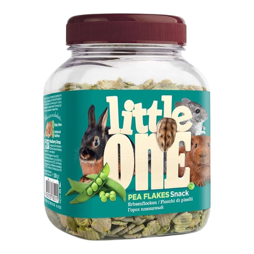 Little One Pea Flakes Snack 230g for small mammals, nutritious and delicious treat packed in a clear jar.