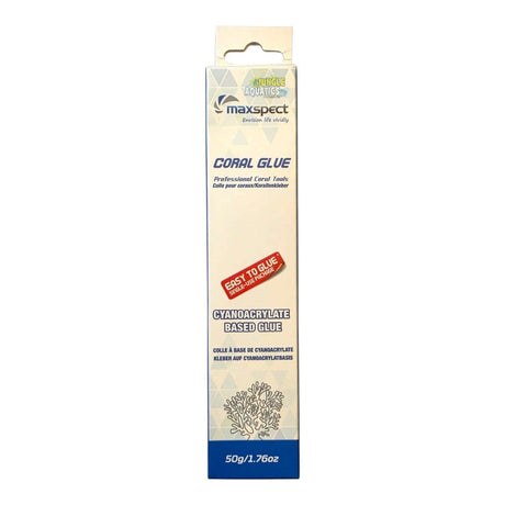 Maxspect Coral Glue 50g Tube packaging, thick cyanoacrylate-based glue for aquascaping and coral gluing projects.
