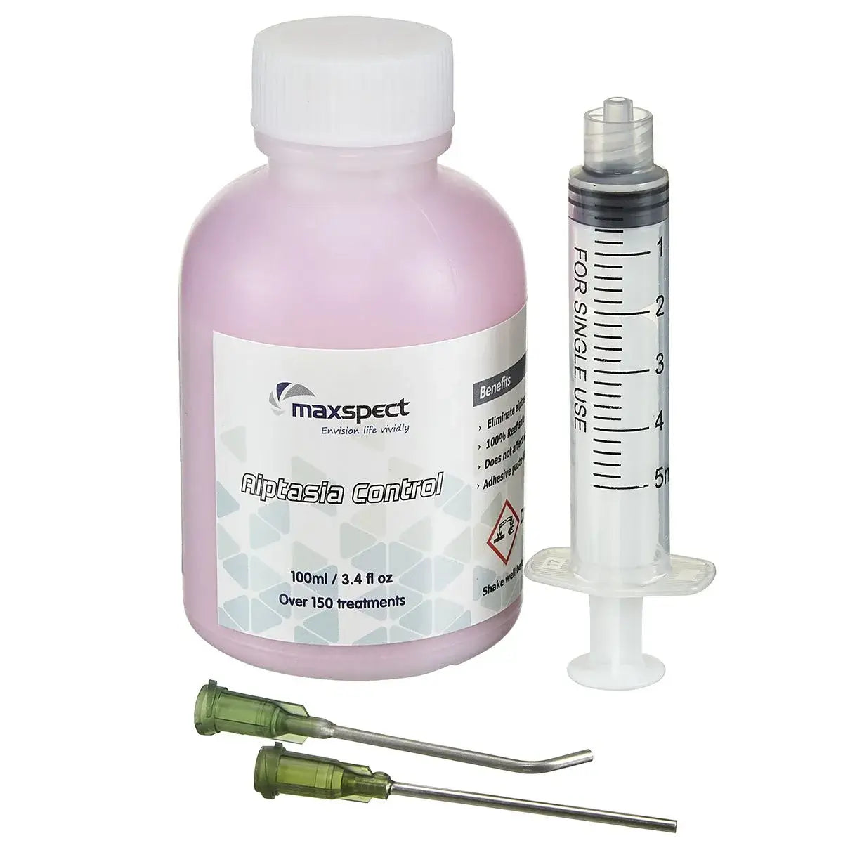 Maxspect Aiptasia Control 100ml bottle, syringe, and applicators for reef aquariums.