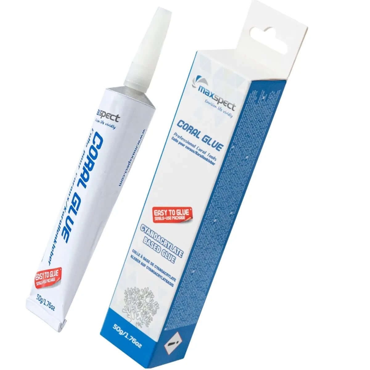 Maxspect Coral Glue 50g Tube packaging and adhesive for aquascaping and coral bonding.