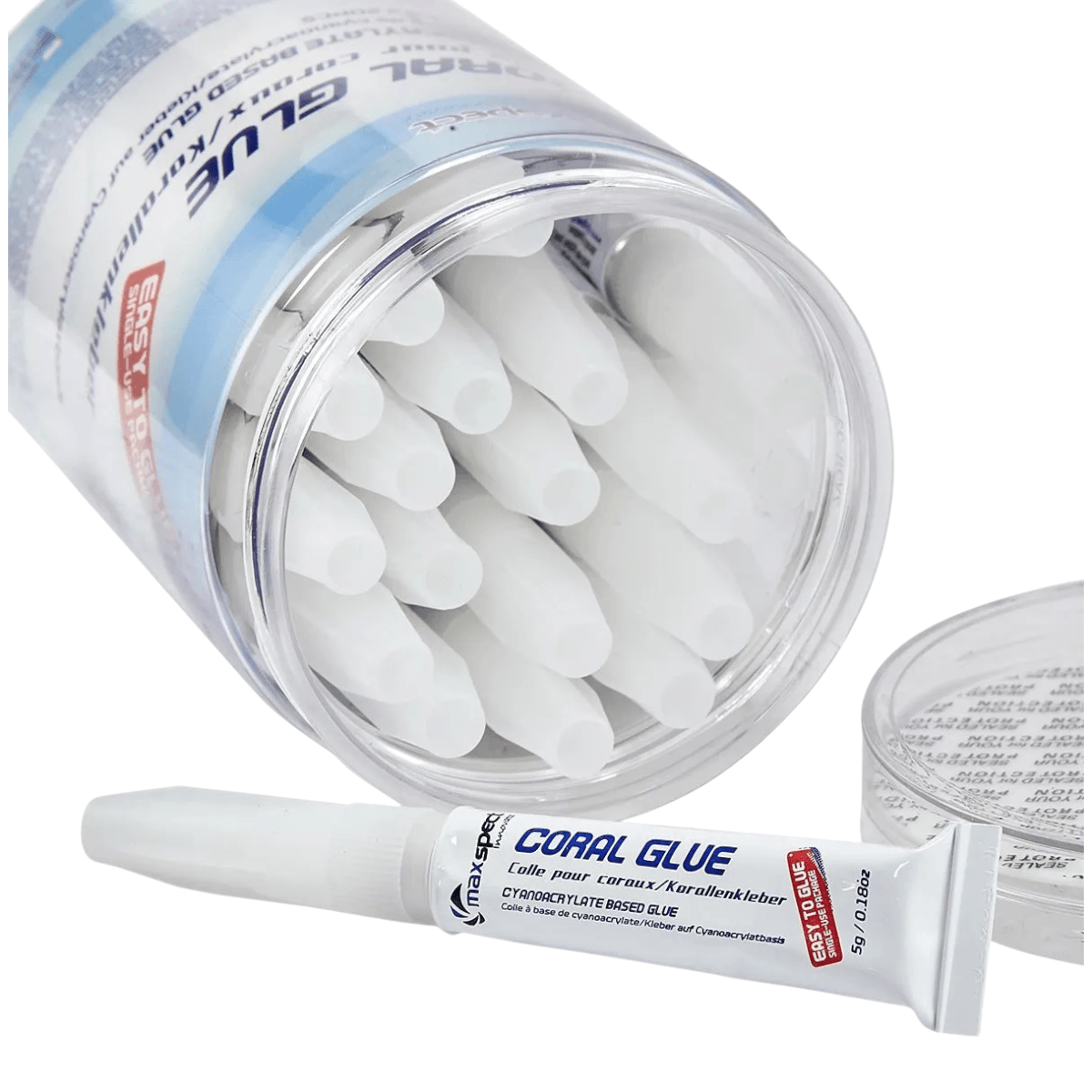 Maxspect Coral Glue Jar 20 x 5g Tubes featuring individual glue tubes in a storage jar
